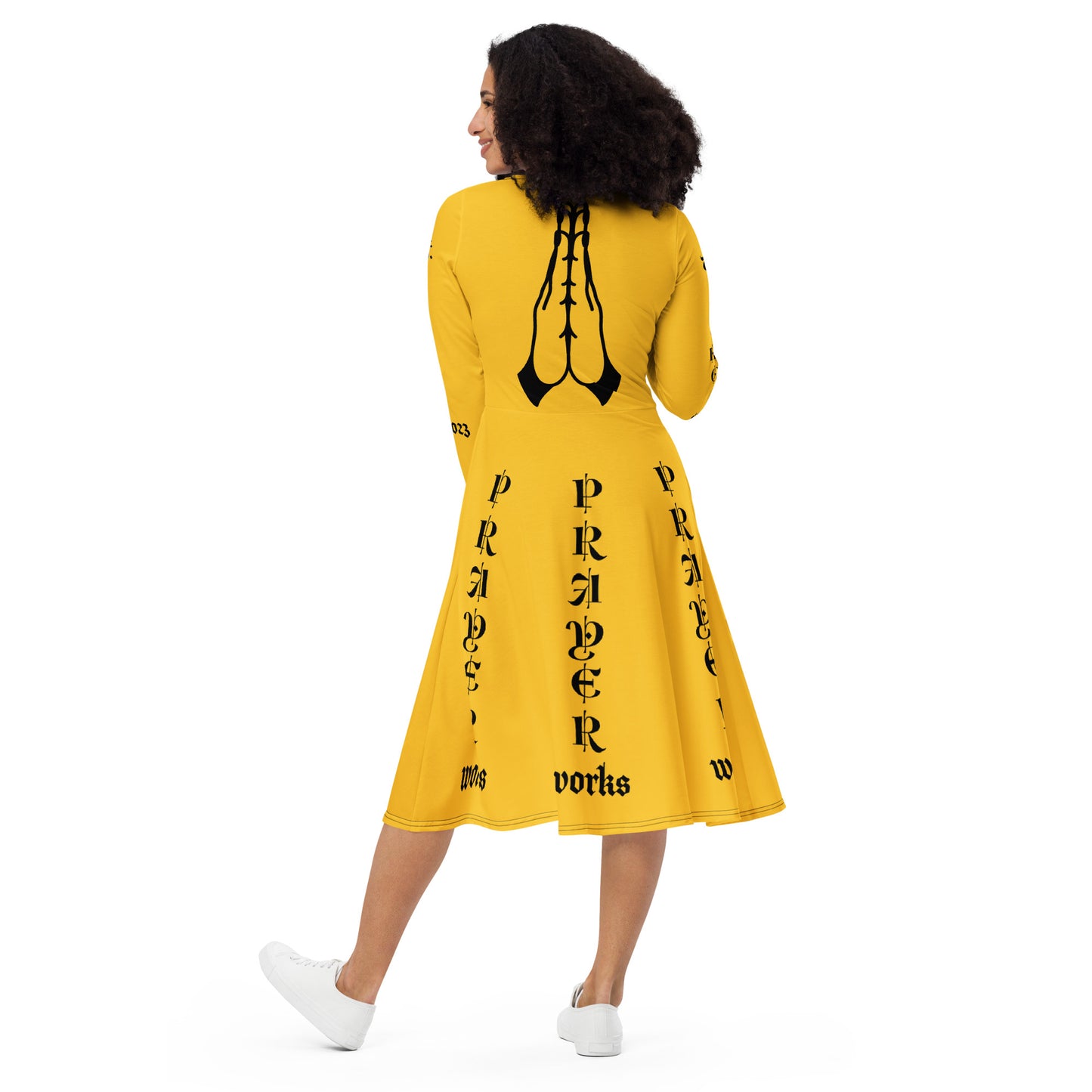 D.J. Domo "Prayer Works Font1" Midi Dress Gold/Black