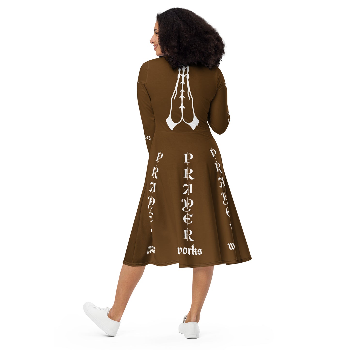 D.J. Domo "Prayer Works Font1" Midi Dress Brown/White