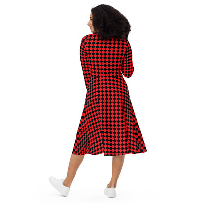 D.J. Domo "Checkered1" Long Sleeve Midi Dress Red/Black