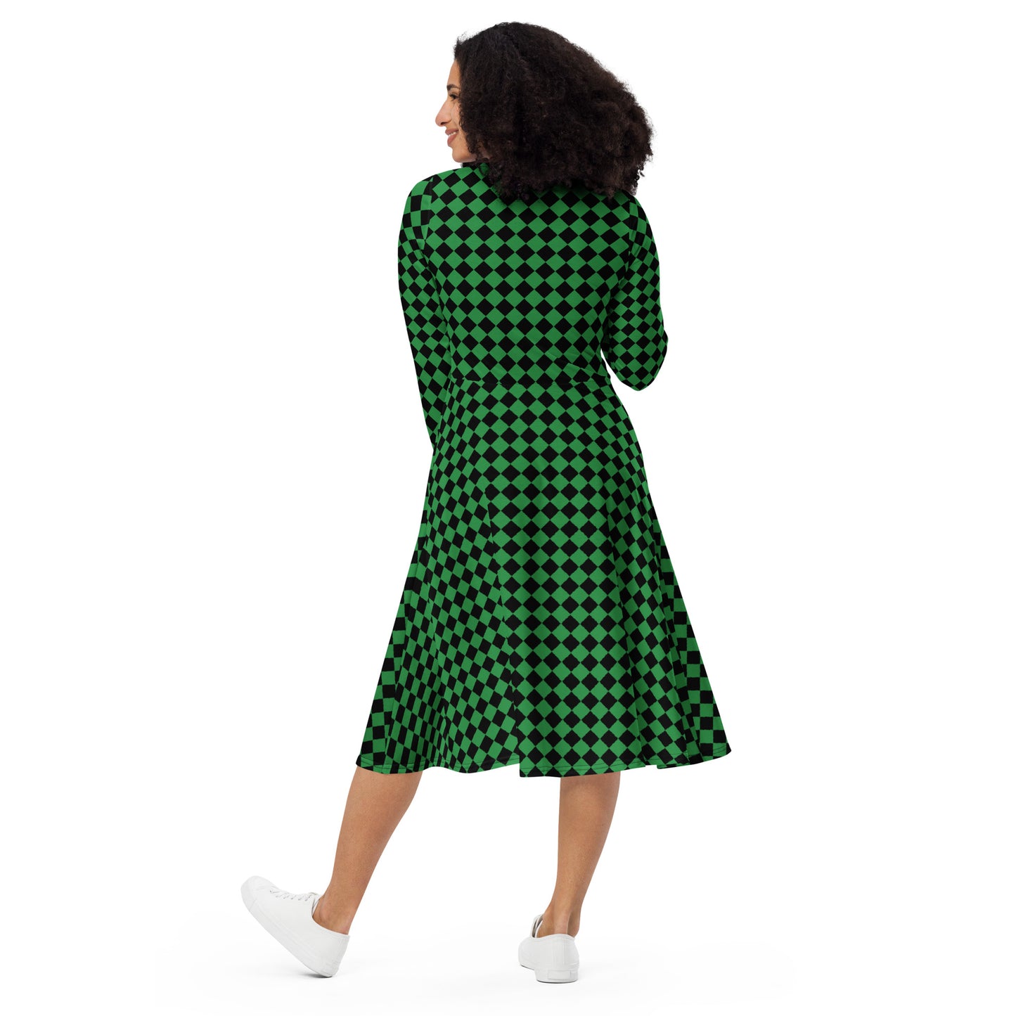 D.J. Domo "Checkered1" Long Sleeve Midi Dress Light Green/Black