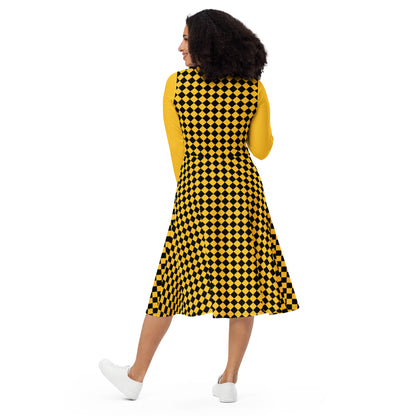 D.J. Domo "Checkered2" Long Sleeve Midi Dress Gold/Black