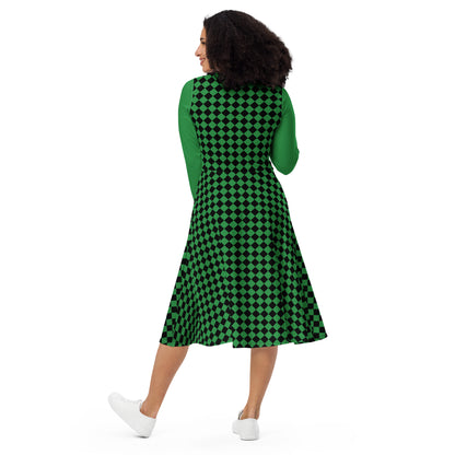 D.J. Domo "Checkered2" Long Sleeve Midi Dress Light Green/Black