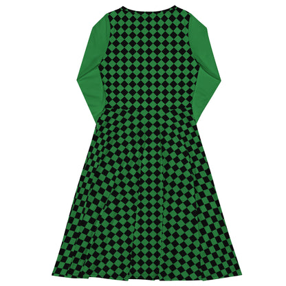 D.J. Domo "Checkered2" Long Sleeve Midi Dress Light Green/Black