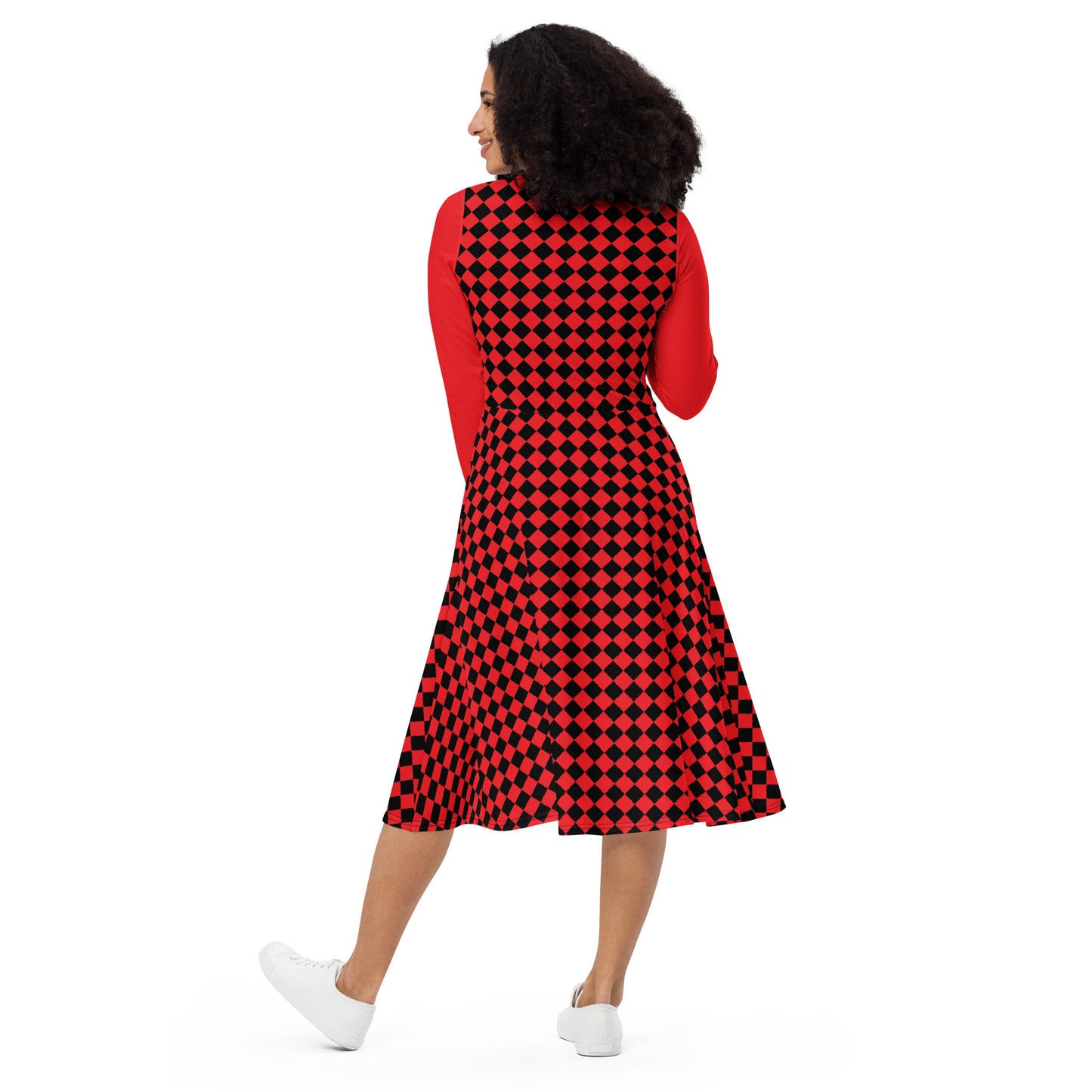 D.J. Domo "Checkered2" Long Sleeve Midi Dress Red/Black