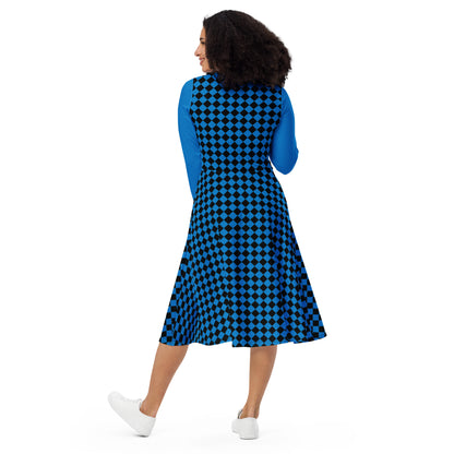 D.J. Domo "Checkered2" Long Sleeve Midi Dress Light Blue/Black