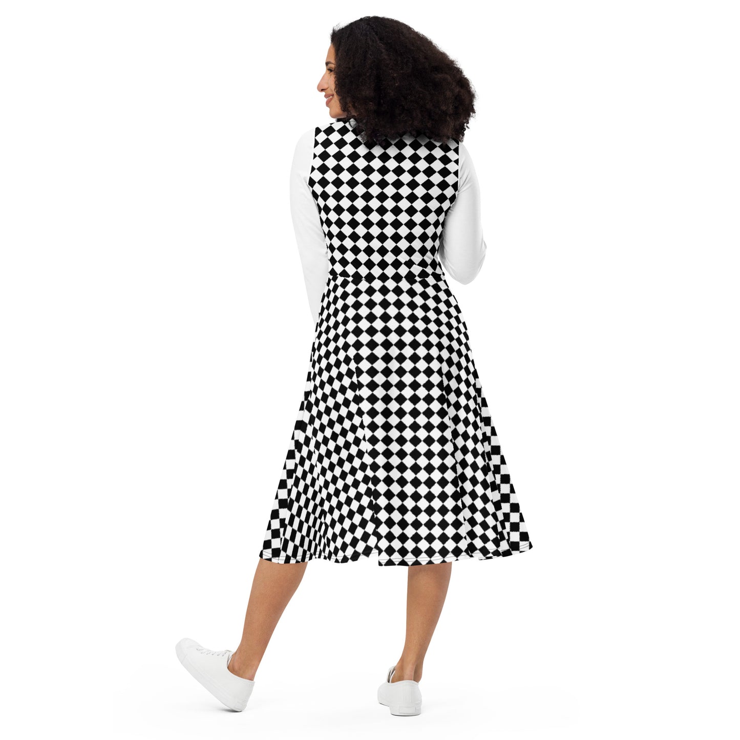 D.J. Domo "Checkered2" Long Sleeve Midi Dress White/Black