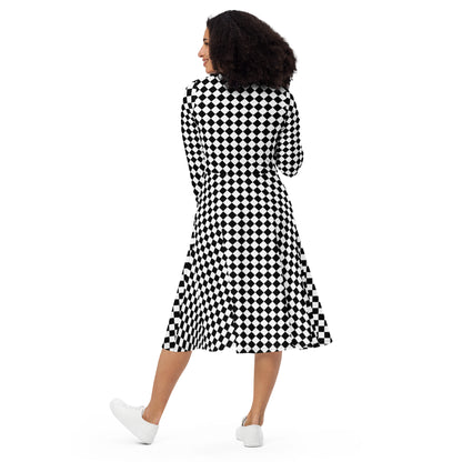 D.J. Domo "Checkered1" Long Sleeve Midi Dress White/Black