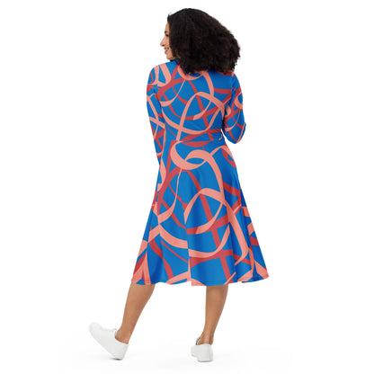 D.J. Domo Long Sleeve Midi Dress "Swirlz" Blue/Peach/Pink