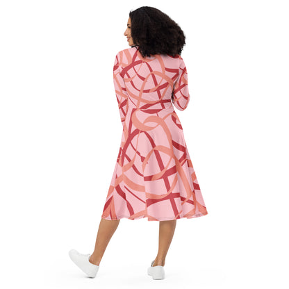 D.J. Domo Long Sleeve Midi Dress "Swirlz" Pink/Peach/Red