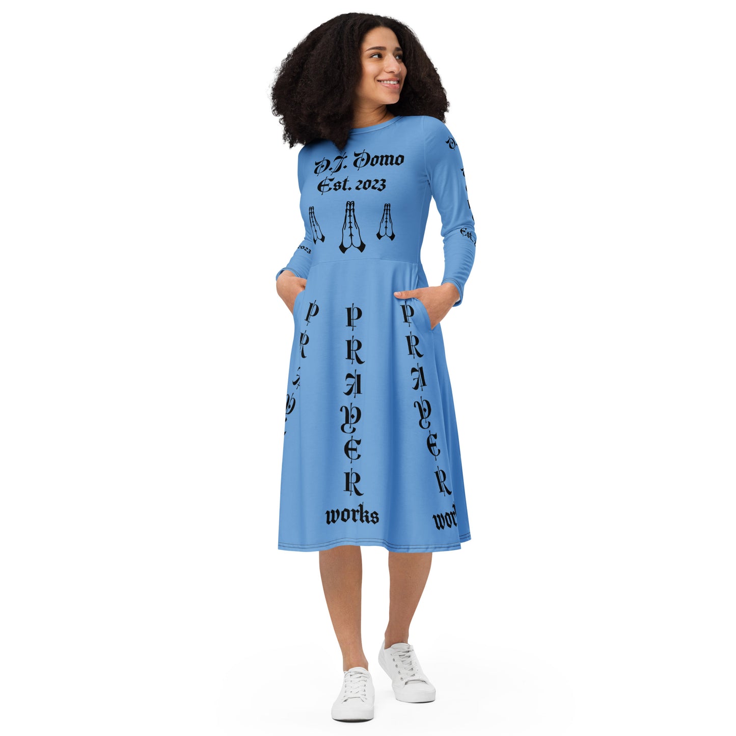 D.J. Domo "Prayer Works Font1" Midi Dress Sky Blue/Black