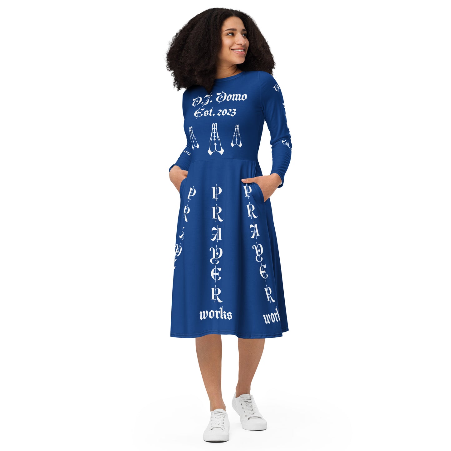 D.J. Domo "Prayer Works Font1" Midi Dress Dark Blue/White