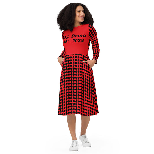 D.J. Domo "Checkered1" Long Sleeve Midi Dress Red/Black