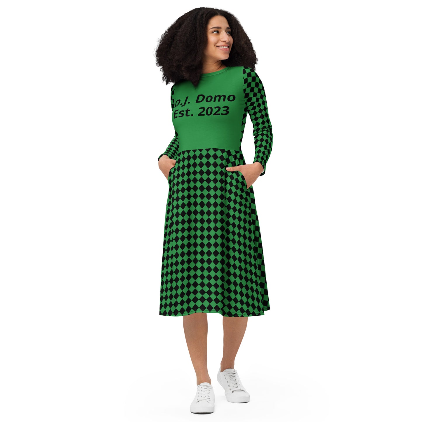 D.J. Domo "Checkered1" Long Sleeve Midi Dress Light Green/Black