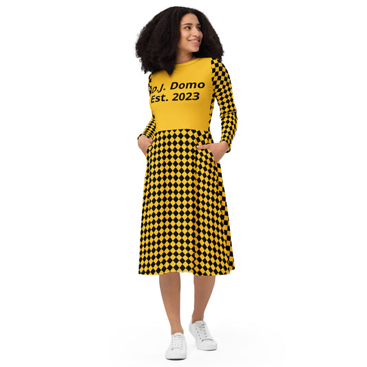 D.J. Domo "Checkered1" Long Sleeve Midi Dress Gold/Black