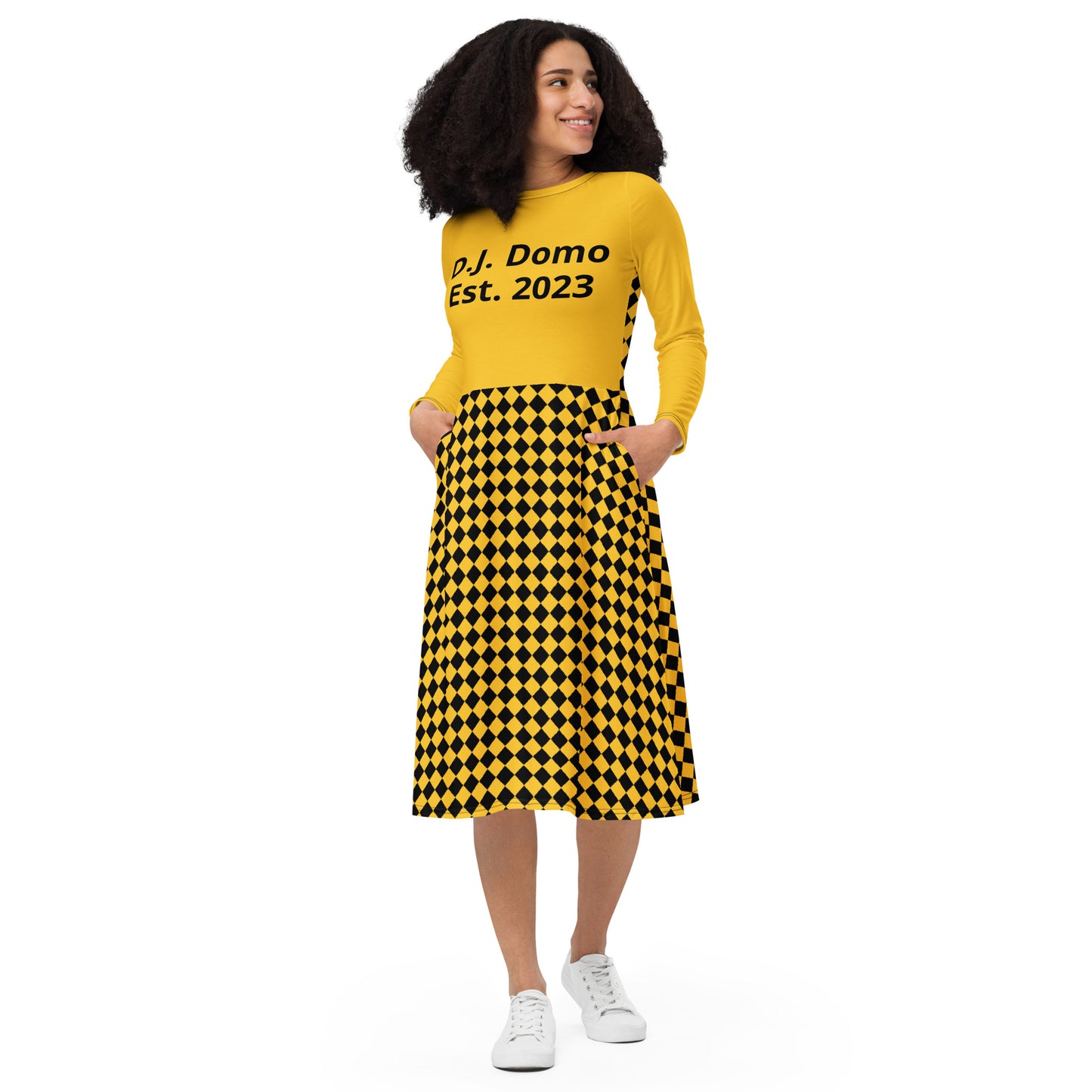 D.J. Domo "Checkered2" Long Sleeve Midi Dress Gold/Black