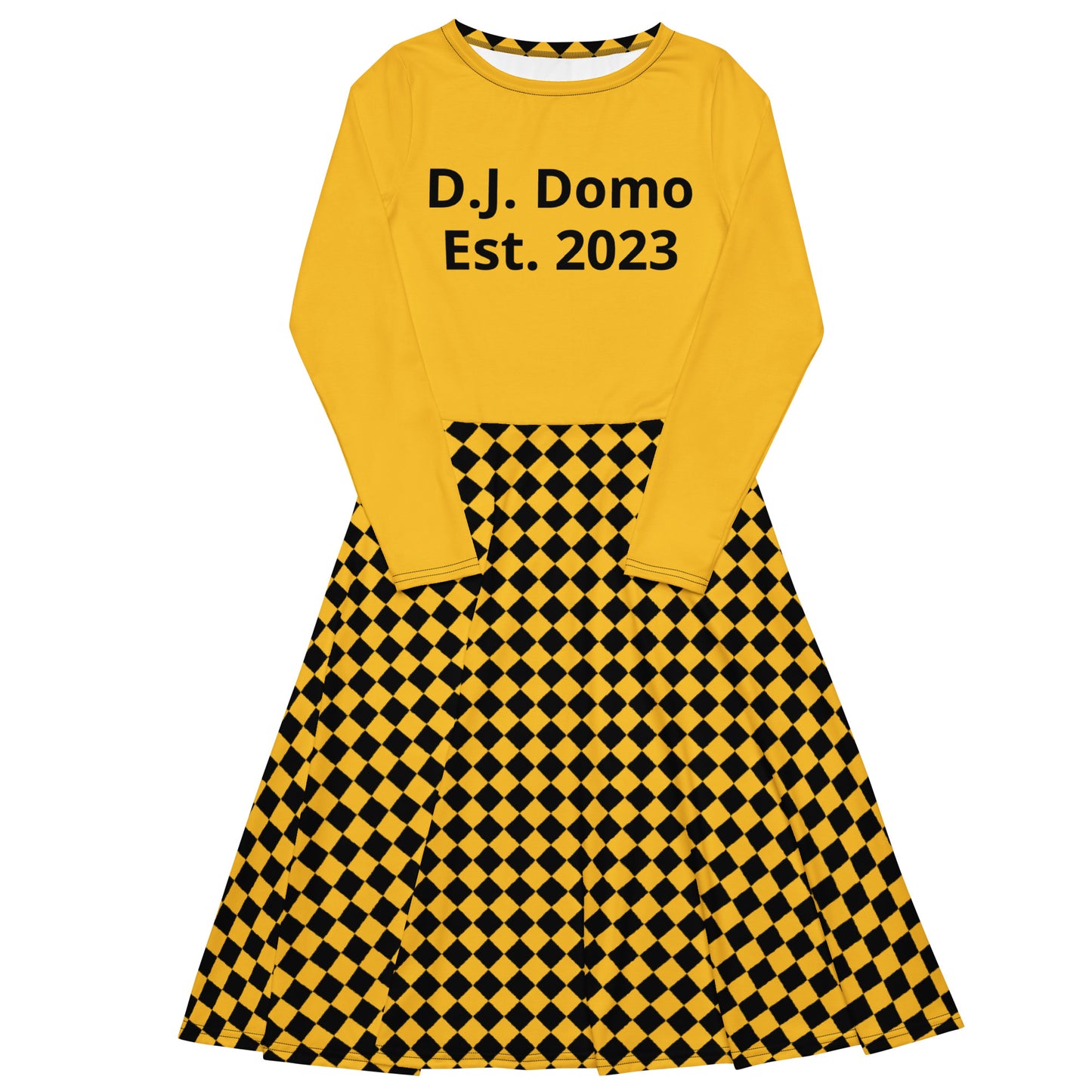 D.J. Domo "Checkered2" Long Sleeve Midi Dress Gold/Black