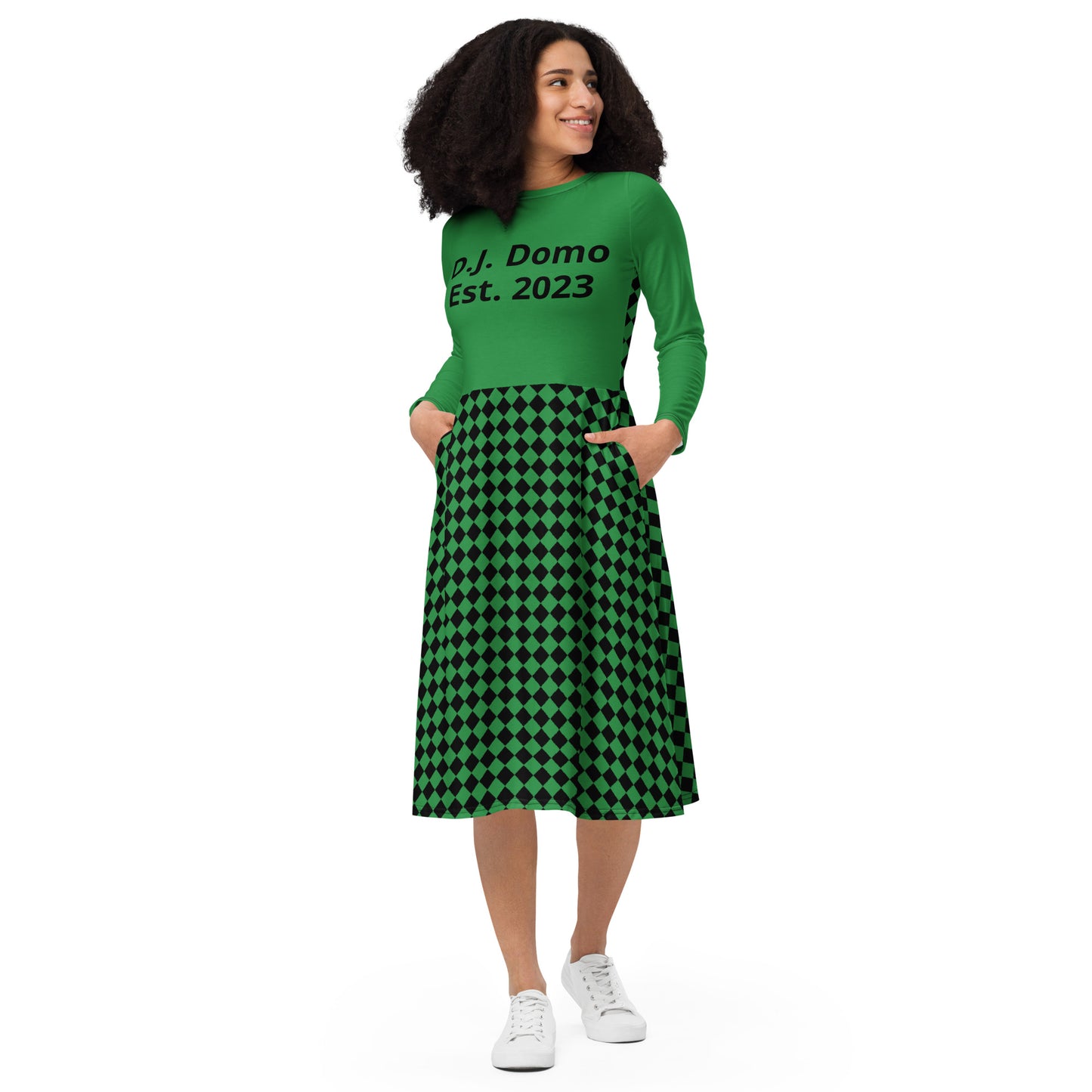 D.J. Domo "Checkered2" Long Sleeve Midi Dress Light Green/Black