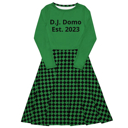 D.J. Domo "Checkered2" Long Sleeve Midi Dress Light Green/Black