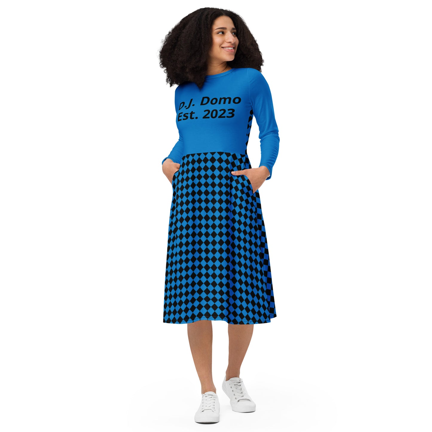 D.J. Domo "Checkered2" Long Sleeve Midi Dress Light Blue/Black