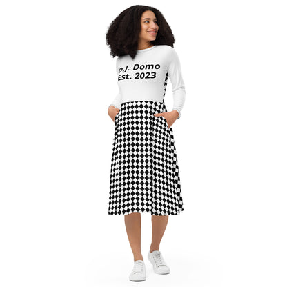 D.J. Domo "Checkered2" Long Sleeve Midi Dress White/Black