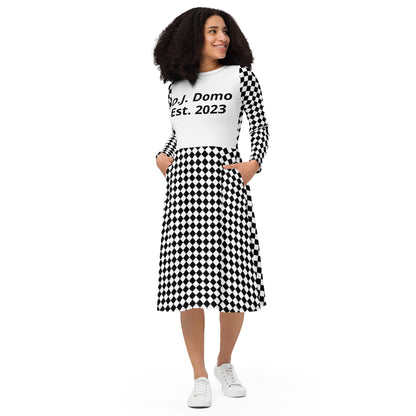 D.J. Domo "Checkered1" Long Sleeve Midi Dress White/Black