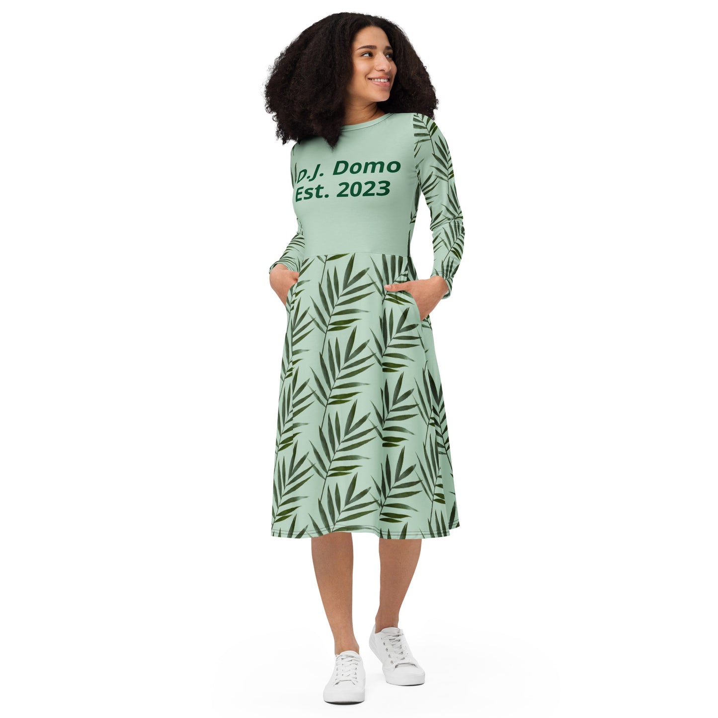 D.J. Domo Long Sleeve Midi Dress Green Plants