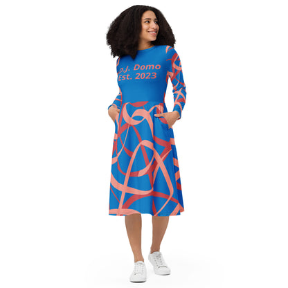 D.J. Domo Long Sleeve Midi Dress "Swirlz" Blue/Peach/Pink