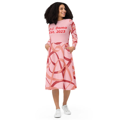 D.J. Domo Long Sleeve Midi Dress "Swirlz" Pink/Peach/Red