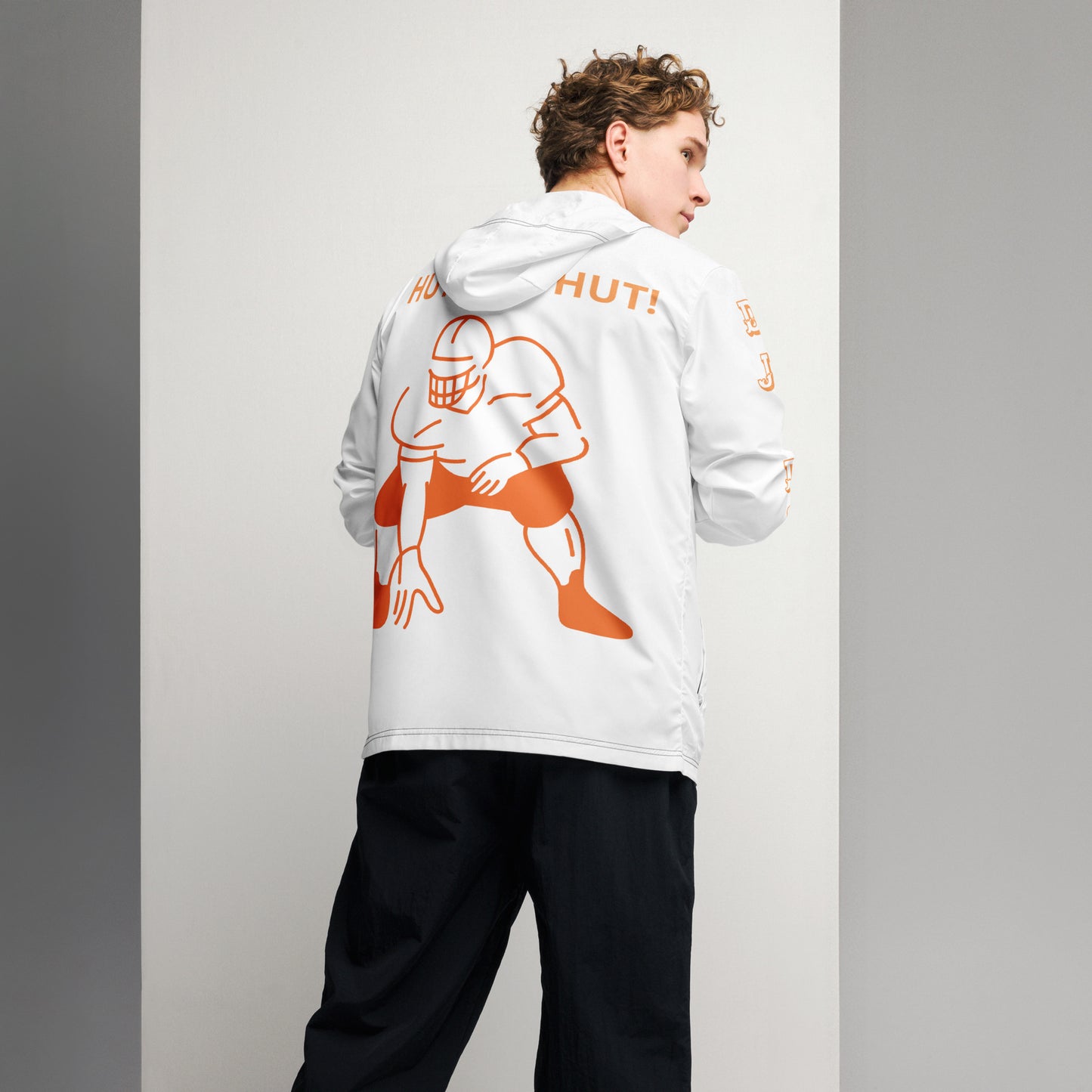 D.J. Domo "Hut Hut Hut Football" Men’s Windbreaker Jacket White/Orange