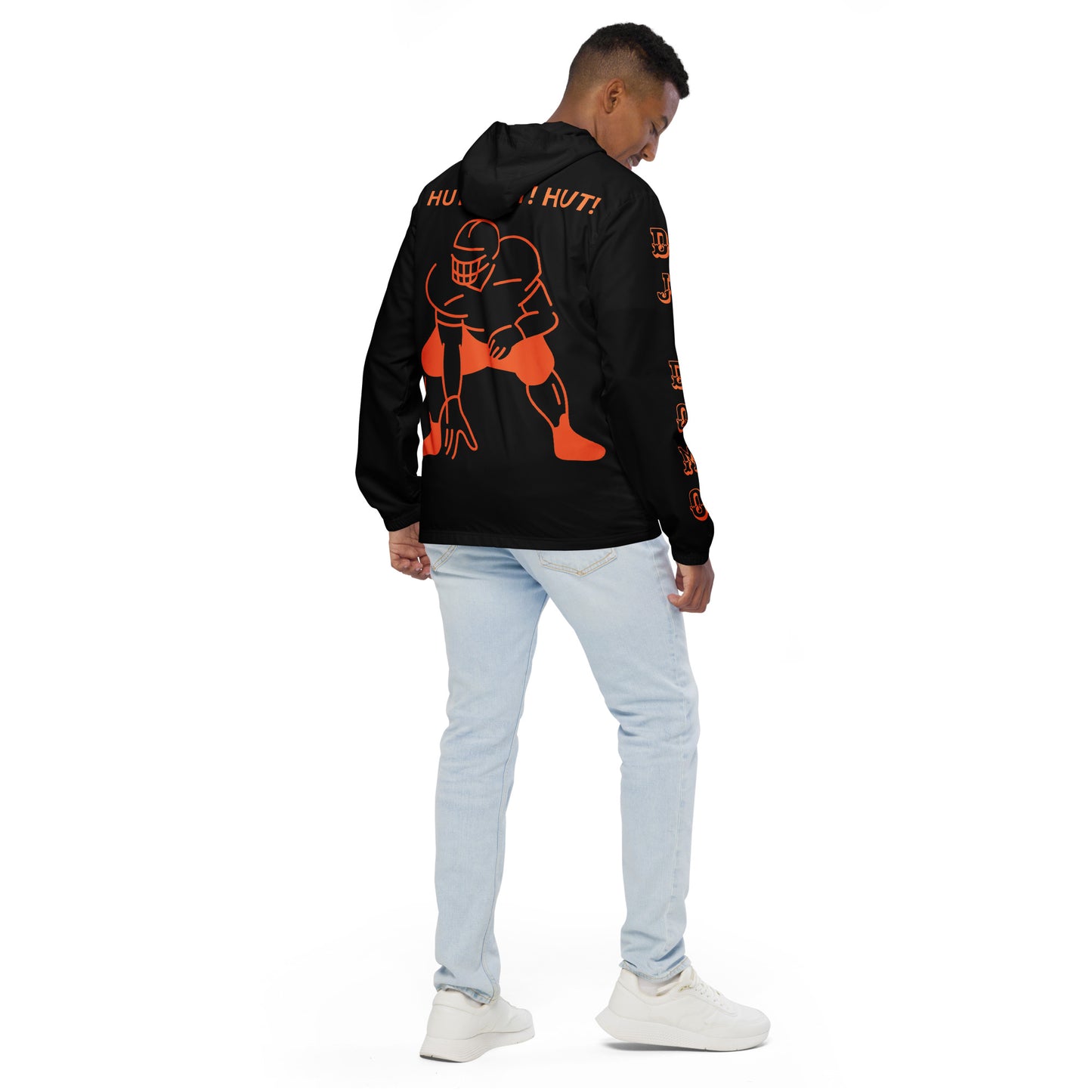 D.J. Domo "Hut Hut Hut Football" Men’s Windbreaker Jacket Black/Orange