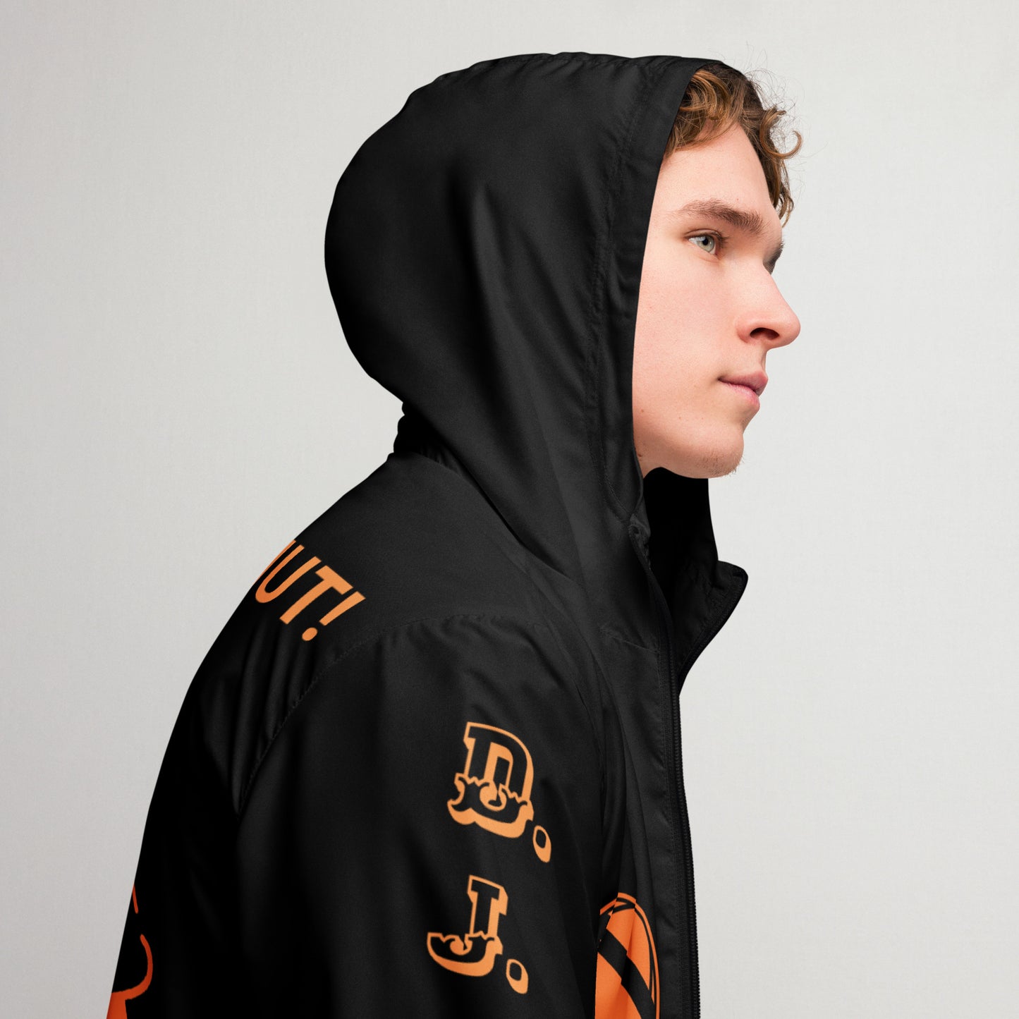 D.J. Domo "Hut Hut Hut Football" Men’s Windbreaker Jacket Black/Orange