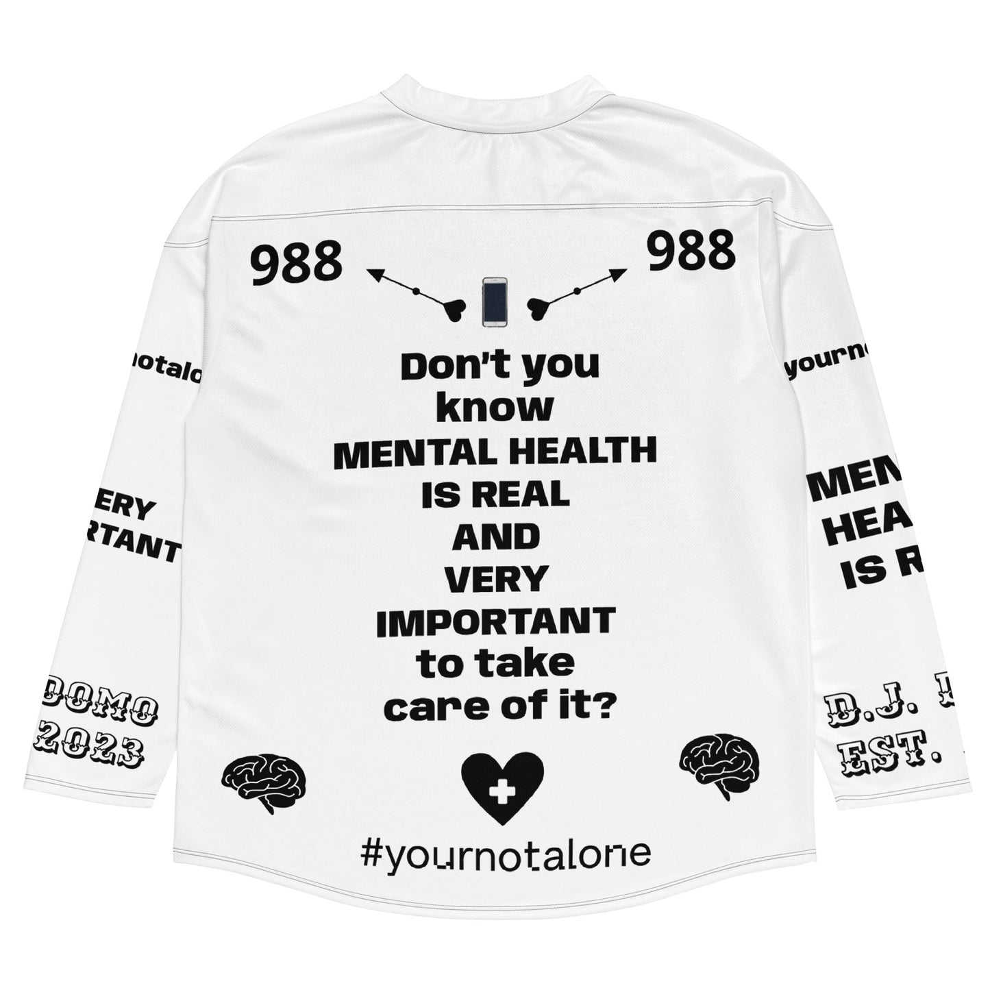 D.J. Domo "Mental Health 988" Unisex Hockey Fan Jersey White/Black