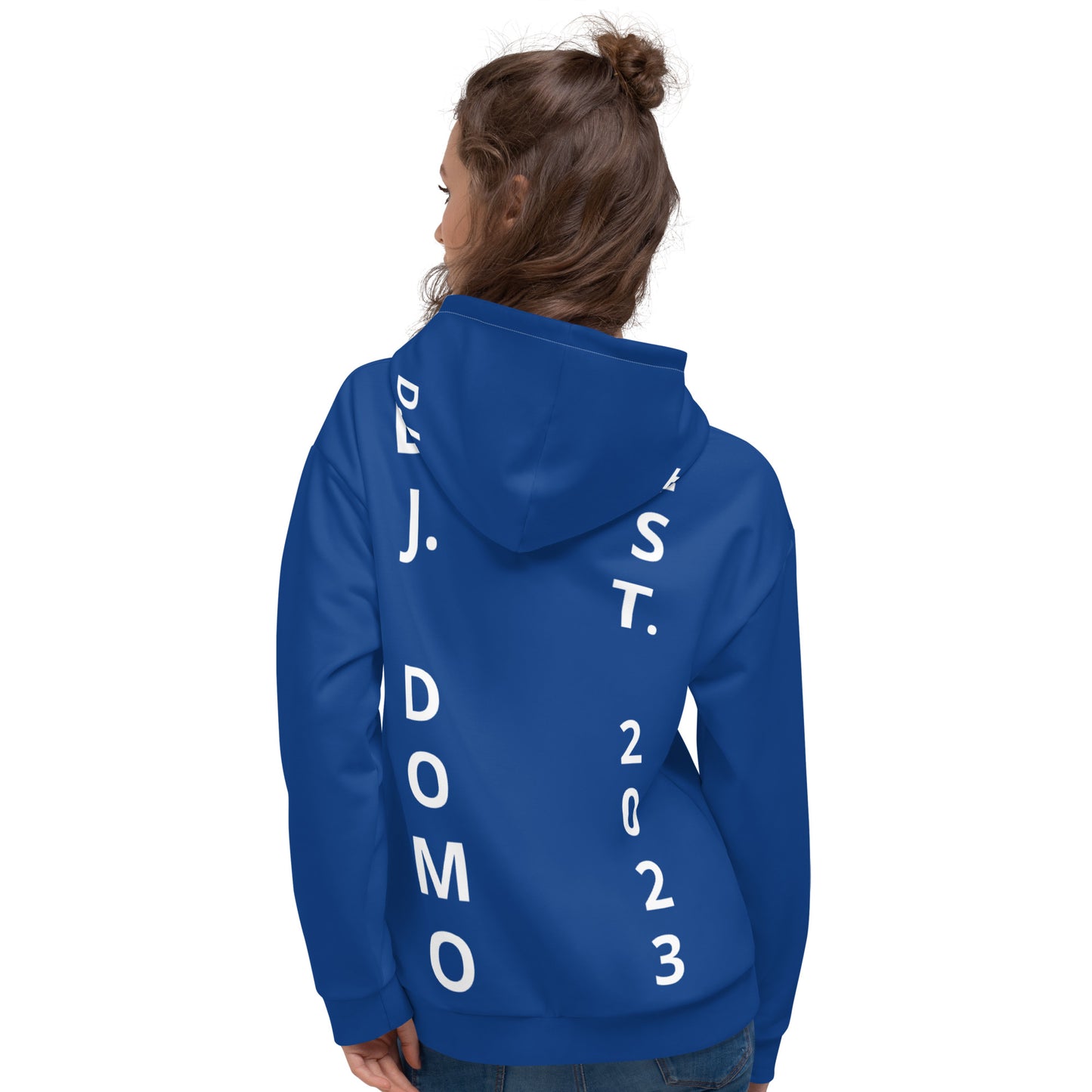 D.J. Domo "Est" Unisex Hoodie Dark Blue/White