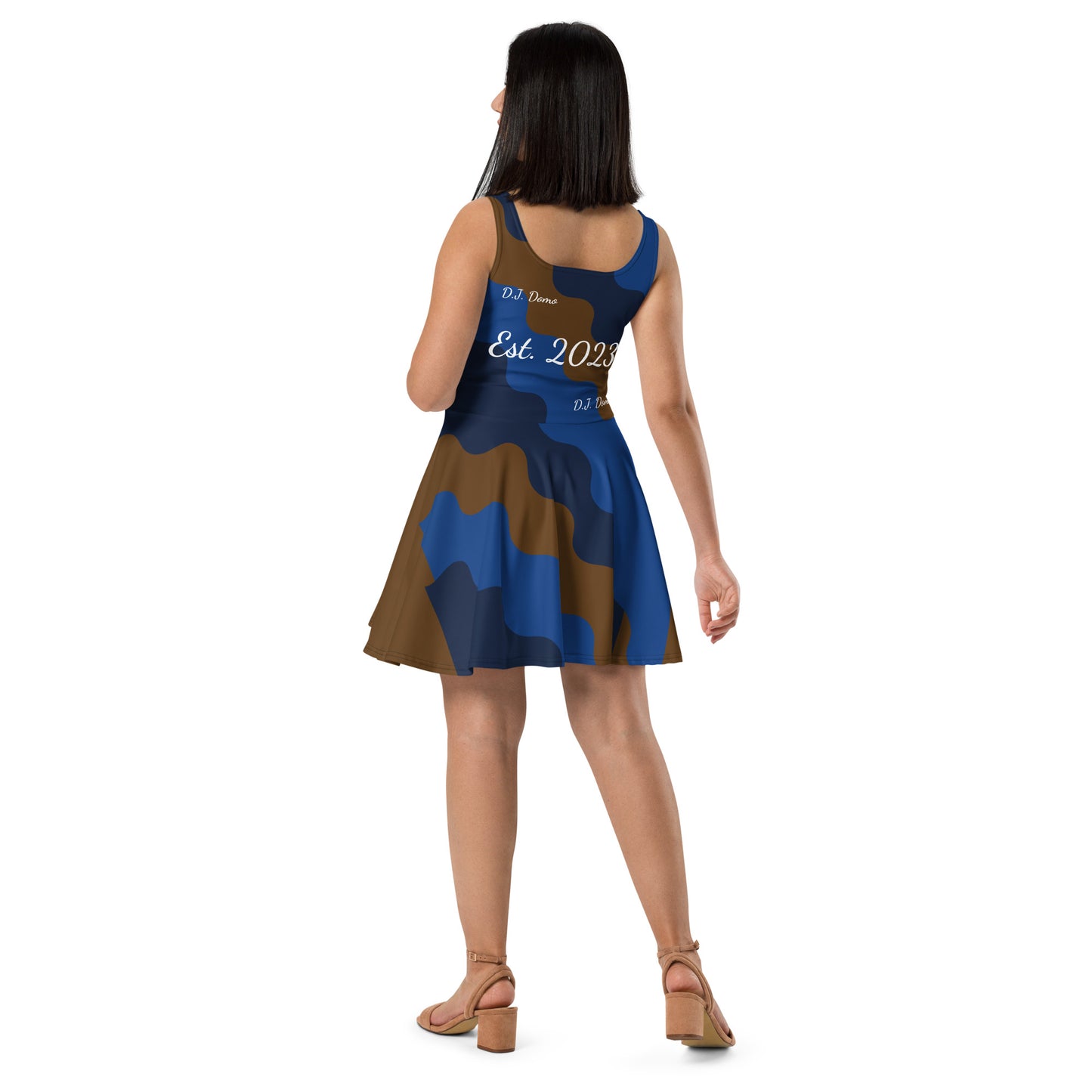 D.J. Domo "Fatigue Cursive" Skater Dress Brown/Blue/White