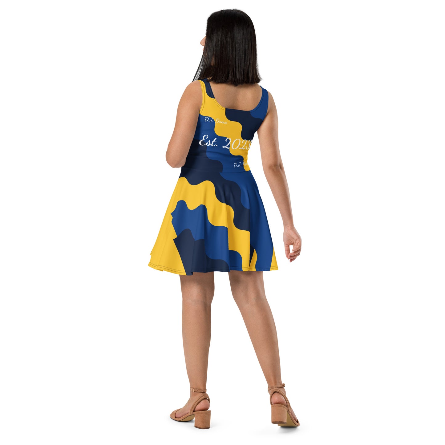 D.J. Domo "Fatigue Cursive" Skater Dress Gold/Blue/White