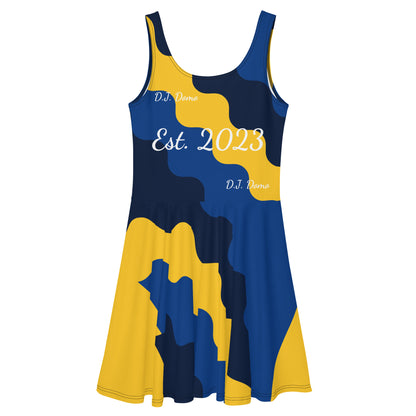 D.J. Domo "Fatigue Cursive" Skater Dress Gold/Blue/White