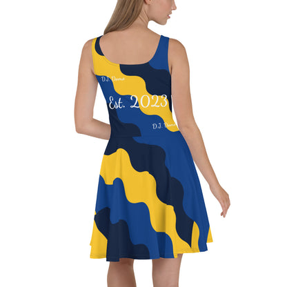 D.J. Domo "Fatigue Cursive" Skater Dress Gold/Blue/White