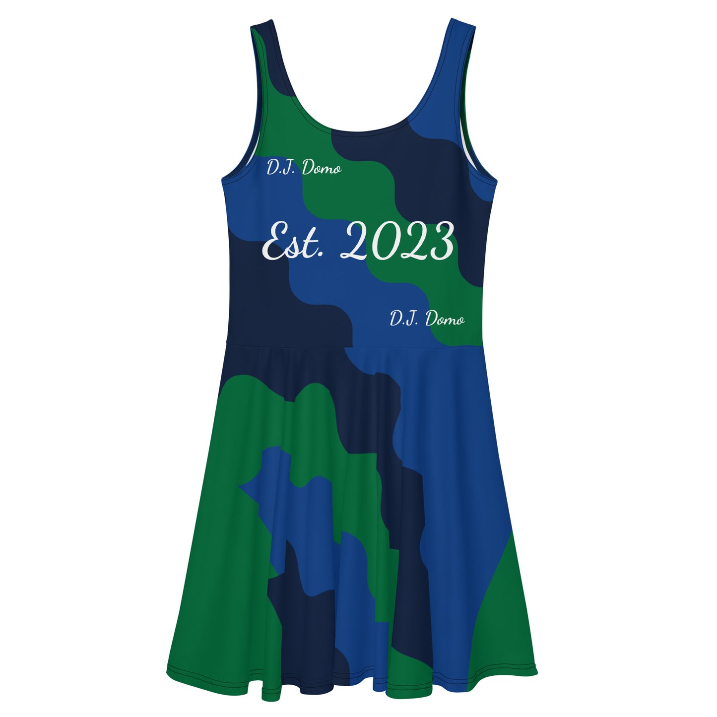 D.J. Domo "Fatigue Cursive" Skater Dress Green/Blue/White