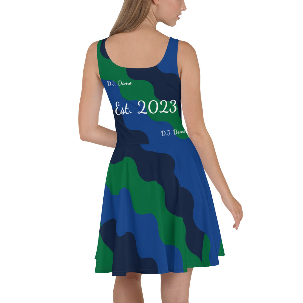 D.J. Domo "Fatigue Cursive" Skater Dress Green/Blue/White