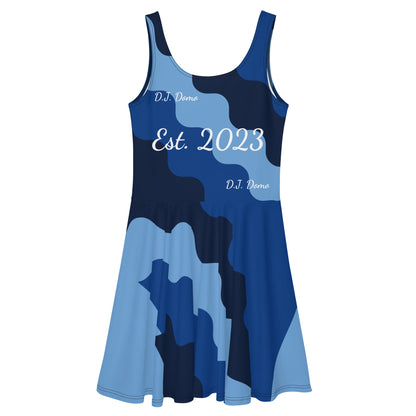 D.J. Domo "Fatigue Cursive" Skater Dress Light Blue/Dark Blue/White