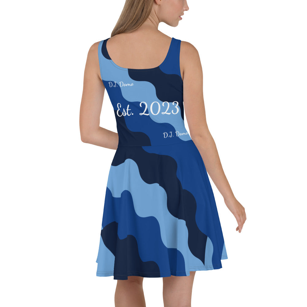 D.J. Domo "Fatigue Cursive" Skater Dress Light Blue/Dark Blue/White