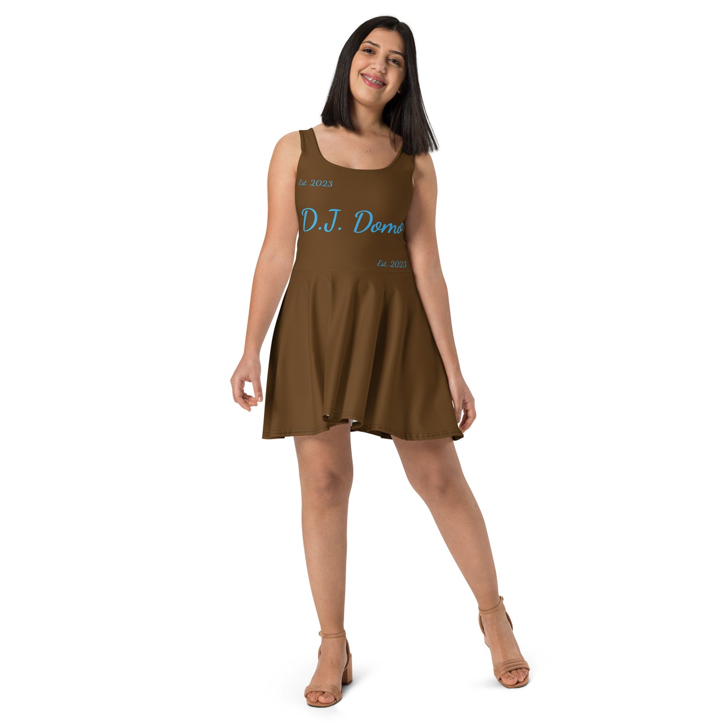 D.J. Domo "Cursive" Skater Dress Brown/Light Blue