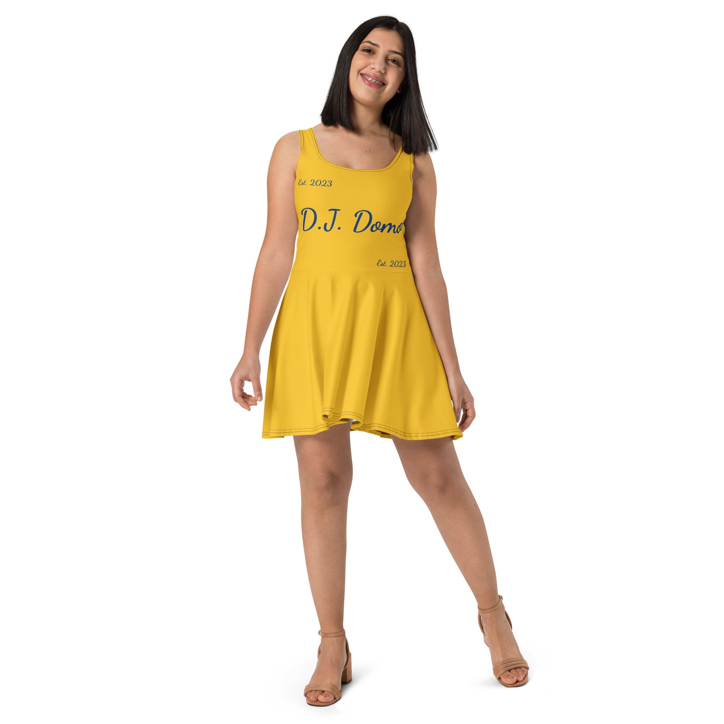 D.J. Domo "Cursive" Skater Dress Gold/Blue