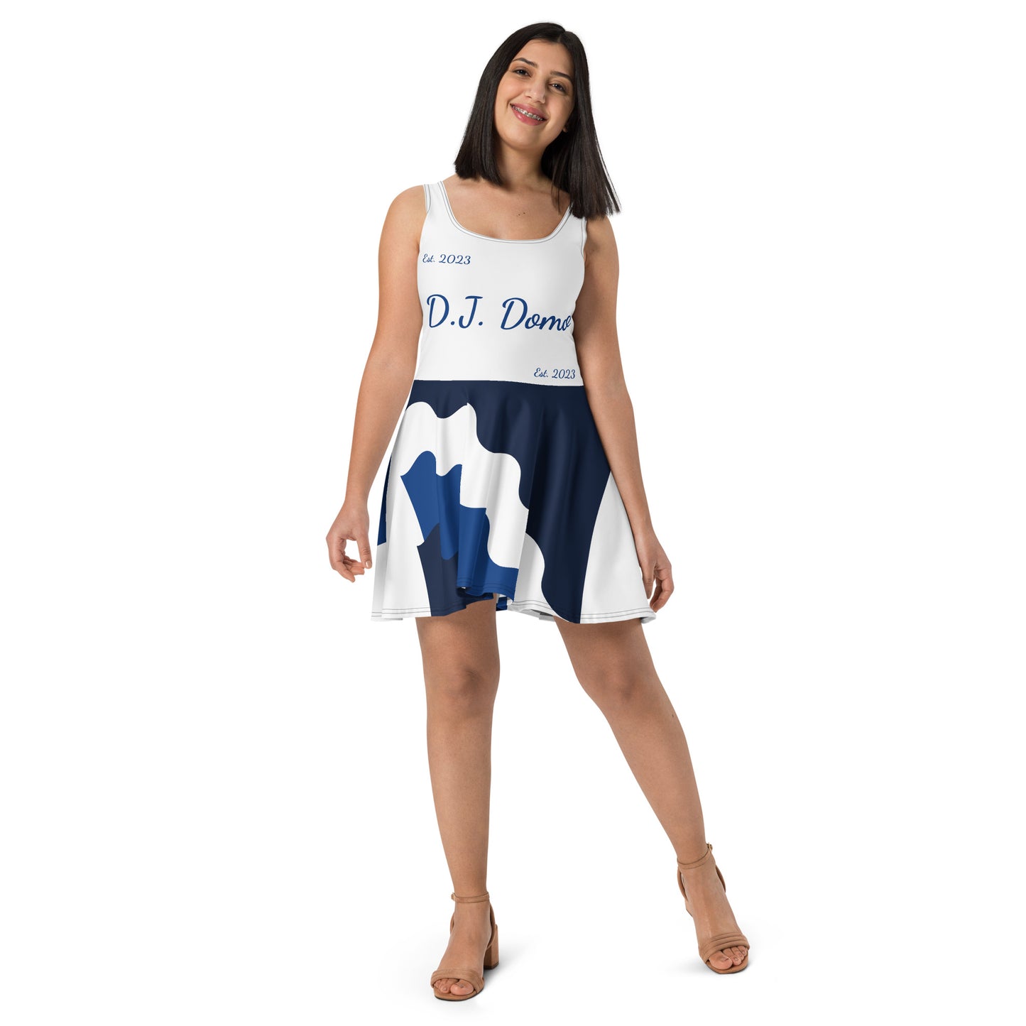 D.J. Domo "Cursive Bottom" Skater Dress White/Blue