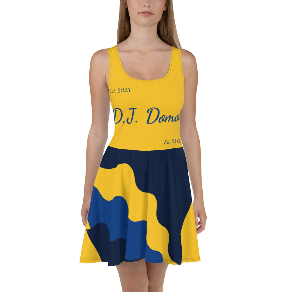 D.J. Domo "Cursive Bottom" Skater Dress Gold/Blue