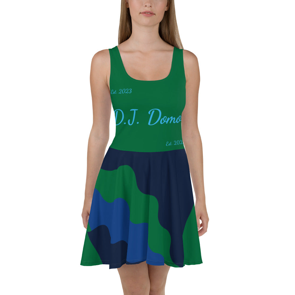 D.J. Domo "Cursive Bottom" Skater Dress Green/Light Blue