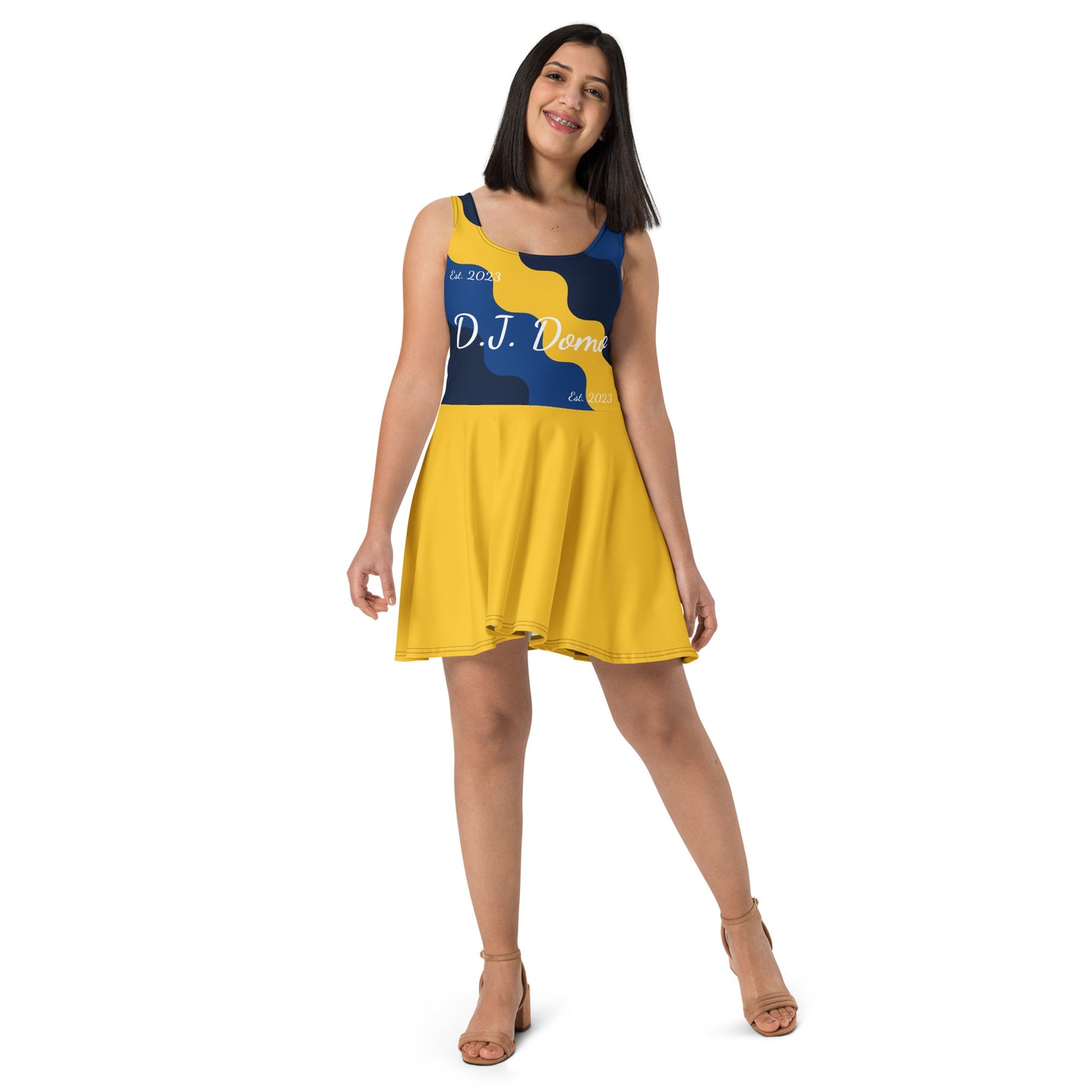 D.J. Domo "Cursive Top" Skater Dress Gold/Blue/White