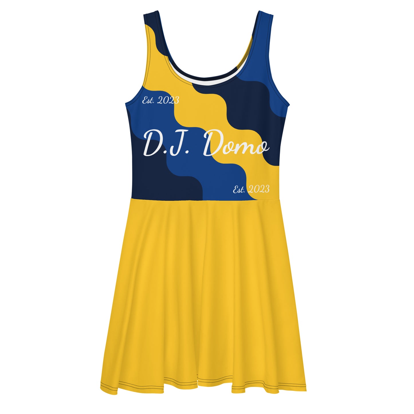 D.J. Domo "Cursive Top" Skater Dress Gold/Blue/White