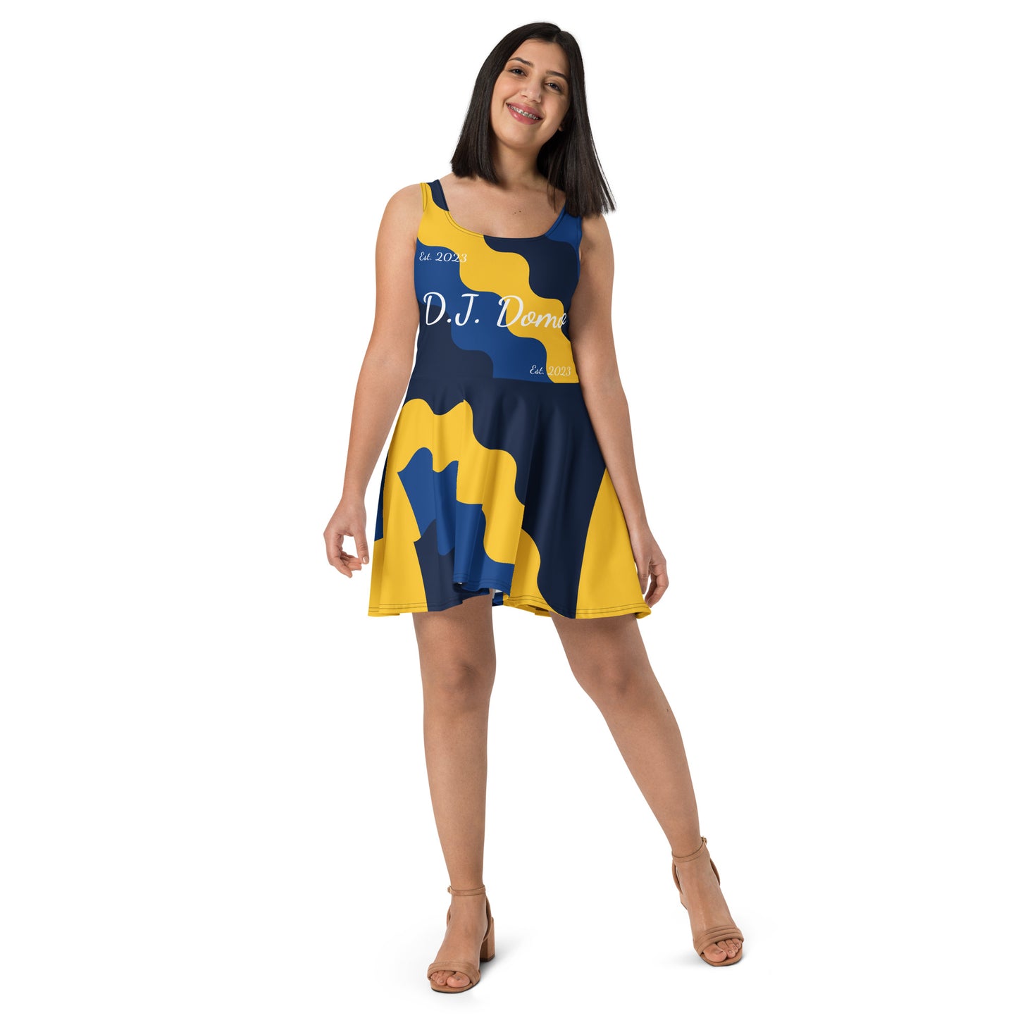 D.J. Domo "Fatigue Cursive" Skater Dress Gold/Blue/White