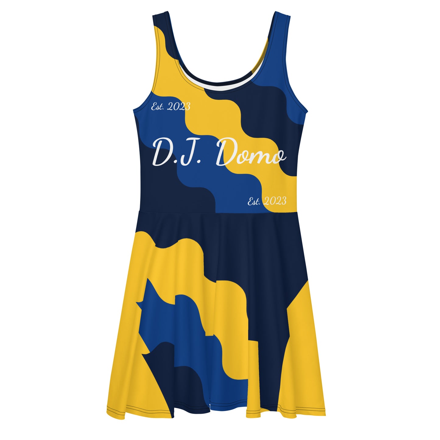 D.J. Domo "Fatigue Cursive" Skater Dress Gold/Blue/White